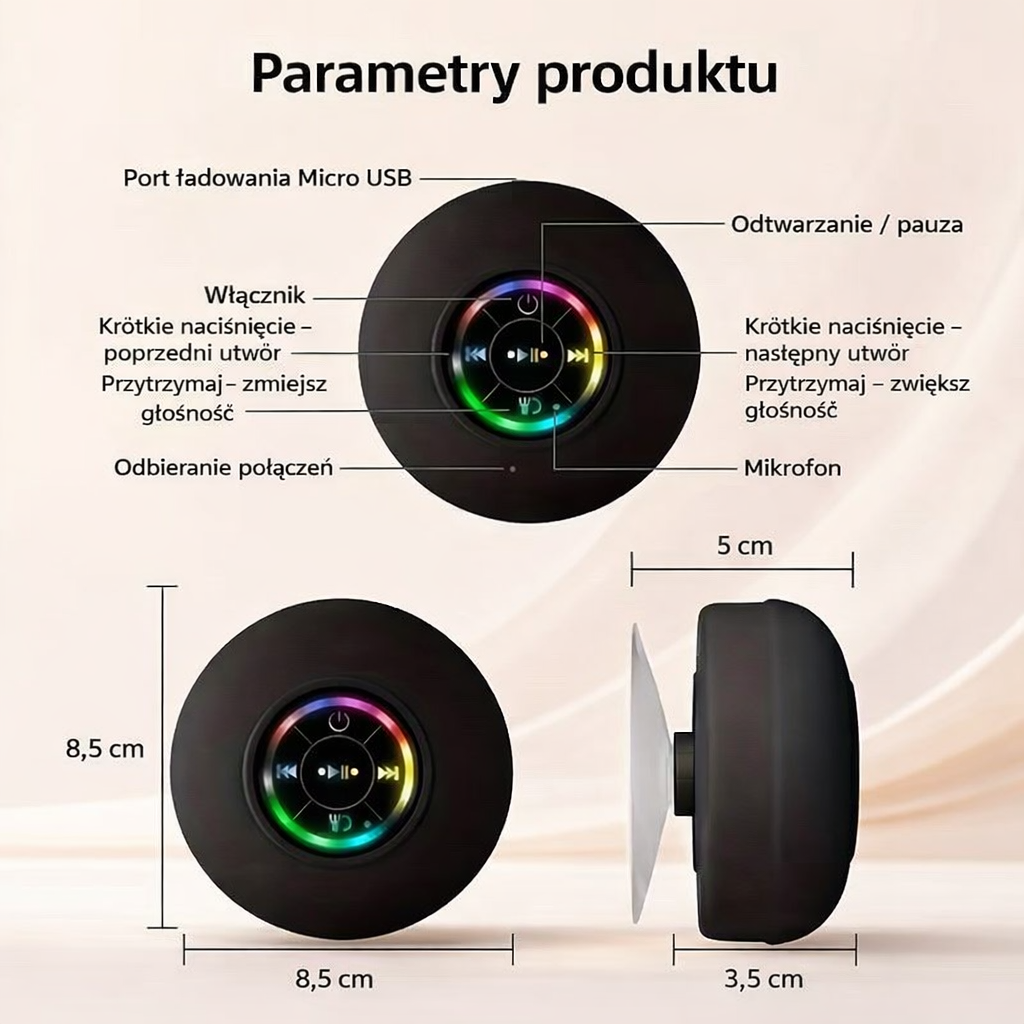 Wodoodporny głośnik Bluetooth z przyssawką – LED, USB - obrazek 3